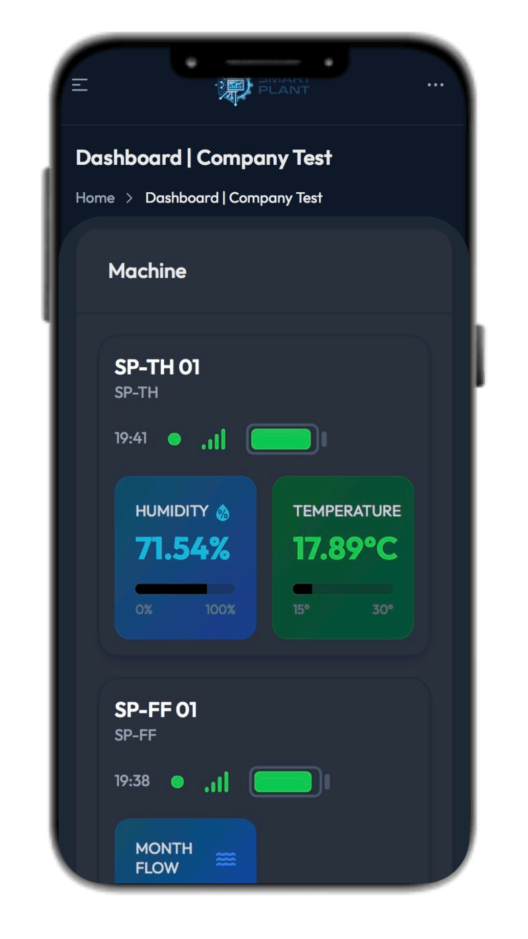 Tela do app mostrando humidade e temperatura em tempo real