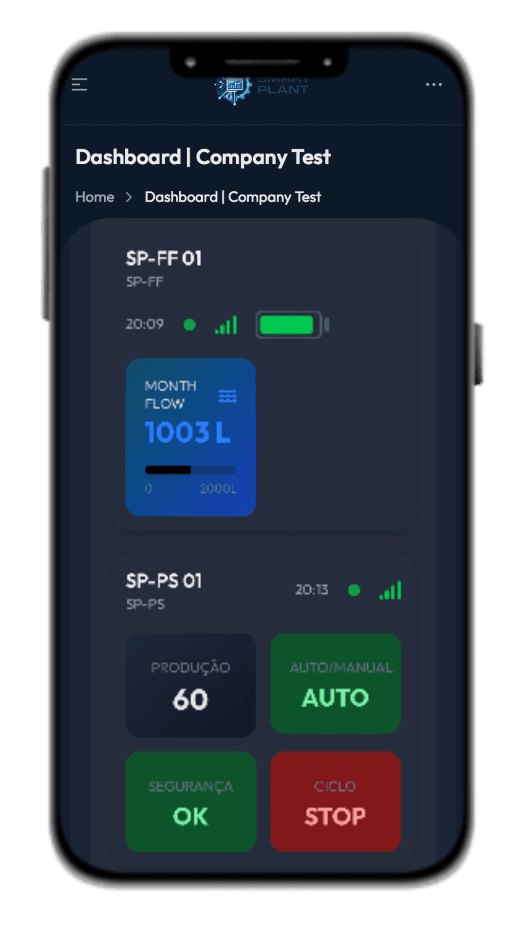 Tela do app mostrando vazão mensal e status de produção